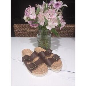 Espirit "Brielle" Brown/gold Slide Buckle Straps Espadrille Wedge Sandals 7.5 SB